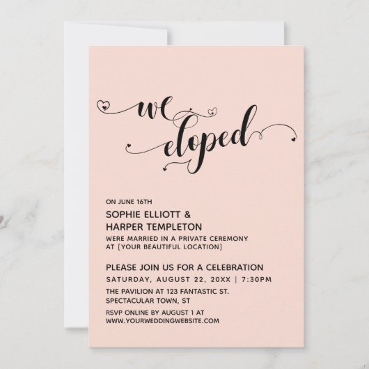 We Eloped Script met Hartjes Roze Ontvangst Kaart (Voorkant)