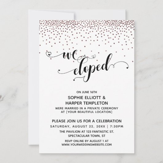 We Eloped Script Rose Gouden Confetti Ontvangst Kaart (Voorkant)