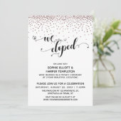 We Eloped Script Rose Gouden Confetti Ontvangst Kaart (Staand voorkant)