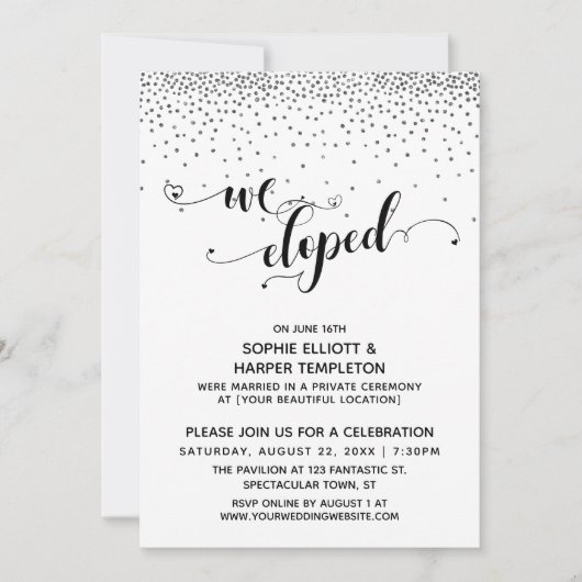 We Eloped Script Silver Confetti Ontvangst-Uitslui Kaart (Voorkant)