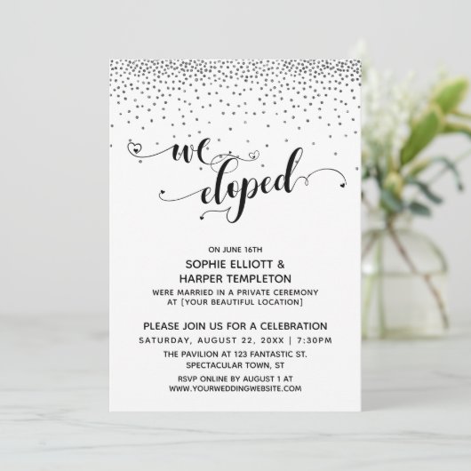 We Eloped Script Silver Confetti Ontvangst-Uitslui Kaart (Staand voorkant)