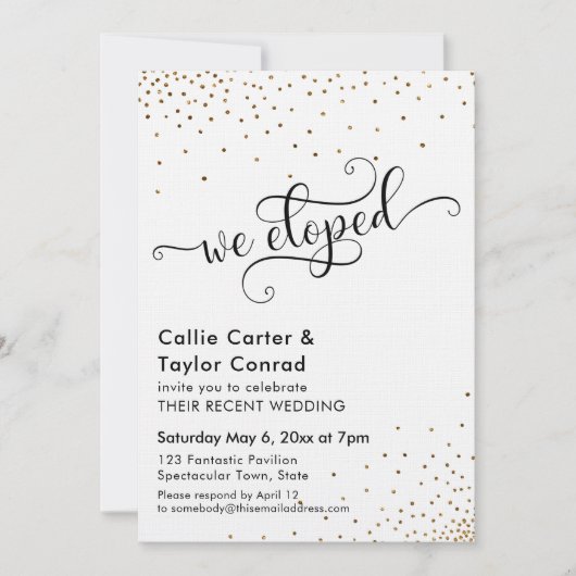 We Eloped Script Typografie, Nep Gouden Confetti Kaart (Voorkant)