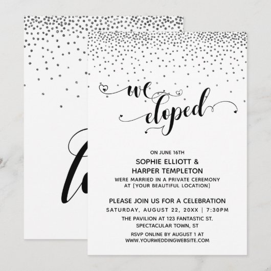 We Eloped Script Zilveren Confetti Ontvangst-Only Kaart (Voorkant / Achterkant)