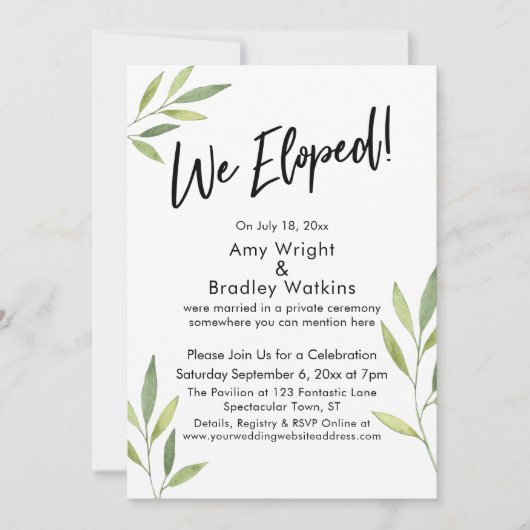 We Eloped Typografie & Groen Waterverf Loof Kaart (Voorkant)