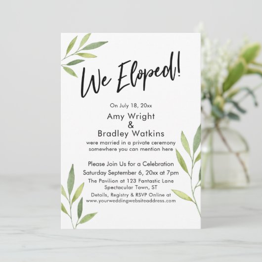 We Eloped Typografie & Groen Waterverf Loof Kaart (Staand voorkant)