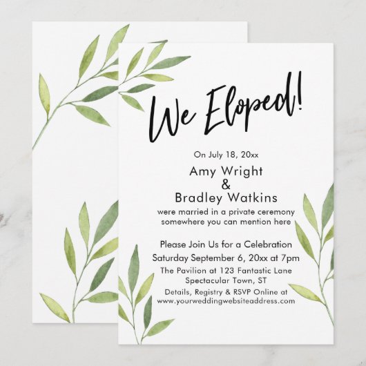 We Eloped Typografie & Groen Waterverf Loof Kaart (Voorkant / Achterkant)