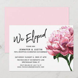 We Eloped Typografie, Roze Waterverf Pioenroos Blo Kaart
