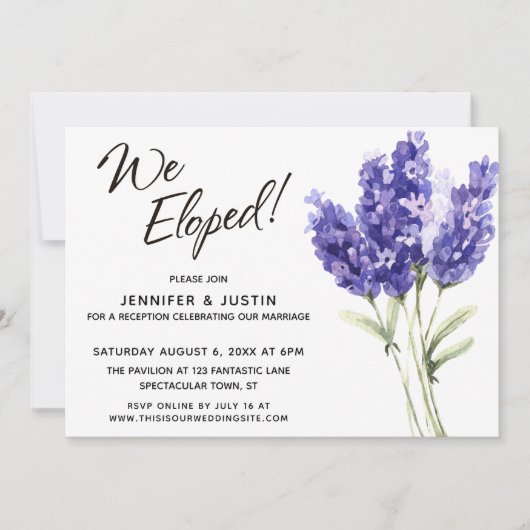 We Eloped Typografie Waterverf Lavendel Bloemen Kaart (Voorkant)