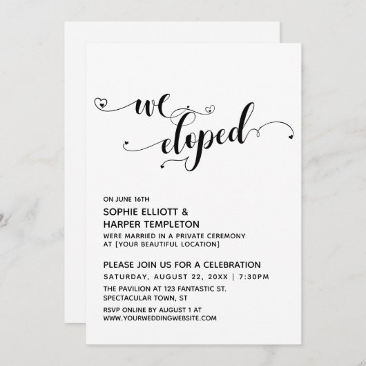 We Eloped Zwart & Wit Script met Hartjes Bruiloft  Kaart (Voorkant / Achterkant)