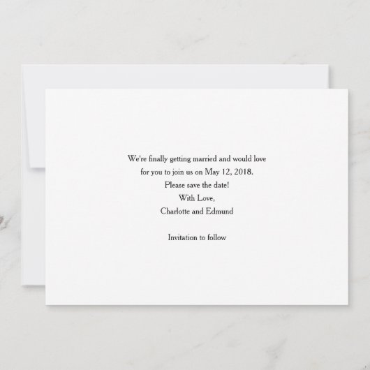 We gaan eindelijk trouwen, bewaar de datum kaart (Achterkant)