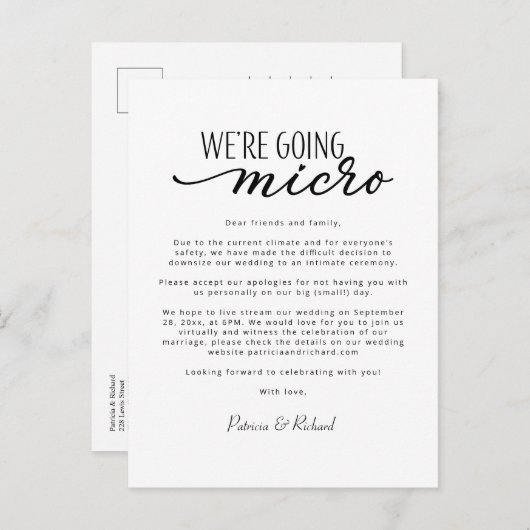 We gaan Micro-downsize bruiloft aankondigen Briefkaart (Voorkant / Achterkant)