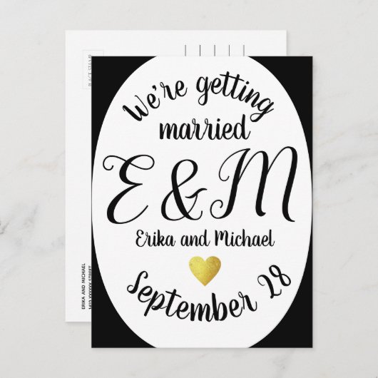 We gaan trouwen. Moderne verticale bruiloft Aankondigingskaart (Voorkant / Achterkant)