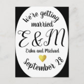 We gaan trouwen. Moderne verticale bruiloft Aankondigingskaart (Voorkant)