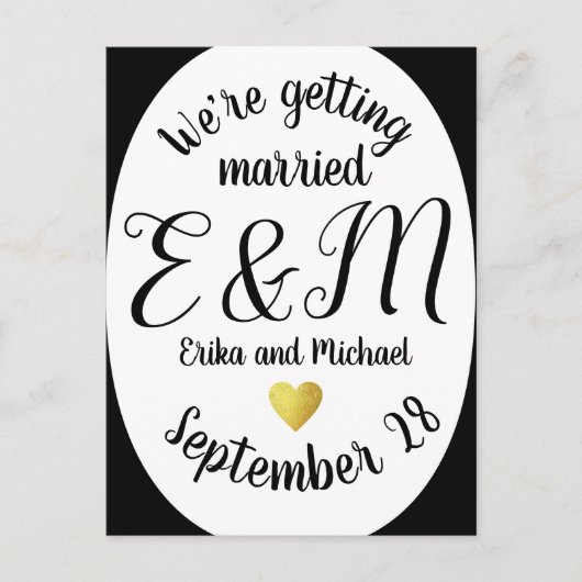 We gaan trouwen. Moderne verticale bruiloft Aankondigingskaart (Voorkant)