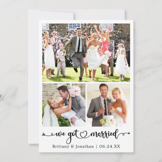 We Got Married 3 Photo Calligraphy Heart Wedding Aankondiging (Voorkant)
