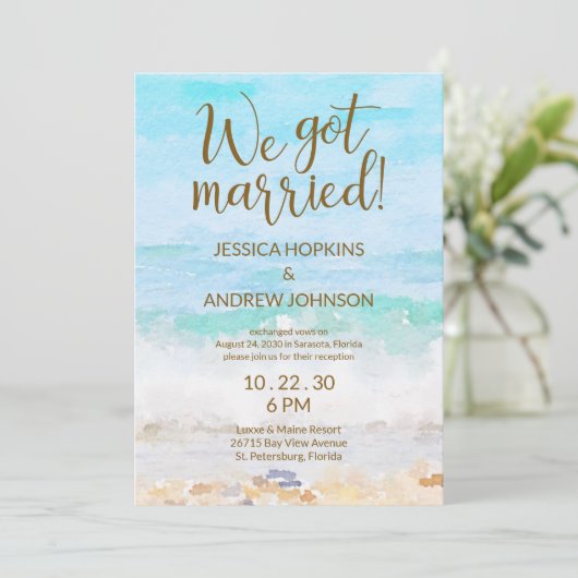 We Got Married Beach Watercolor Bruiloft Kaart (Staand voorkant)
