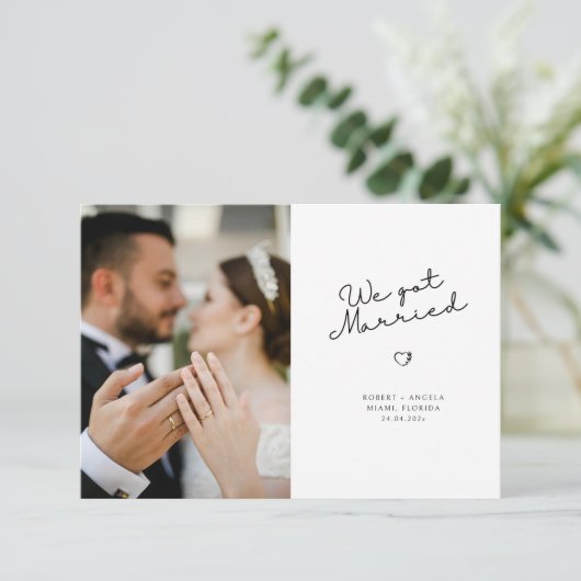 we got married black script wedding announcement aankondiging (Staand voorkant)