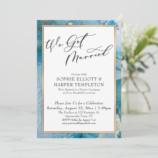 We Got Married Blauw en Goud Inkt Ontvangst Only Kaart (Staand voorkant)