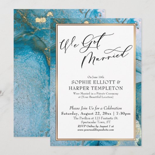 We Got Married Blauw en Goud Inkt Ontvangst Only Kaart (Voorkant / Achterkant)