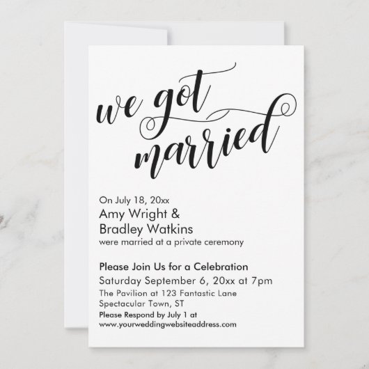 We Got Married Calligraphy Bruiloft na-feestje Kaart (Voorkant)