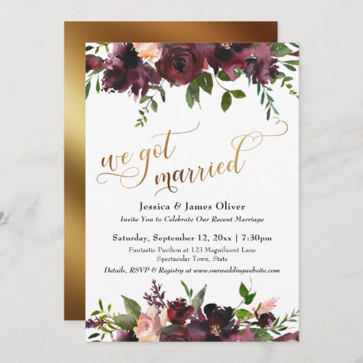 We Got Married Dieprood Fluweel Bloemen & Goud Kaart (Voorkant / Achterkant)