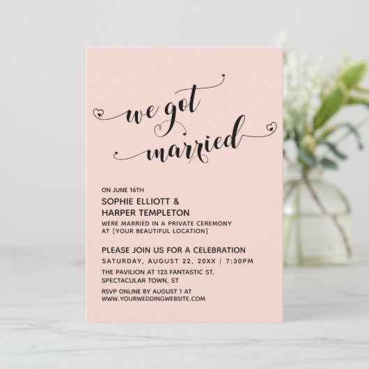 We Got Married Hartjes Script Blos Reception Kaart (Staand voorkant)