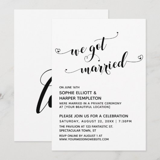 We Got Married Hearts Typografie Ontvangst Only Kaart (Voorkant / Achterkant)