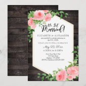 We Got Married Rustieke Houten Roze Bloemige Trouw Kaart (Voorkant / Achterkant)