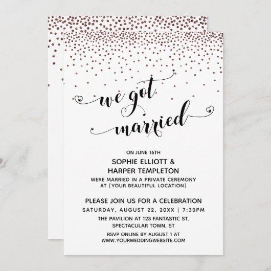 We Got Married Script Roze Gouden Confetti Ontvang Kaart (Voorkant / Achterkant)