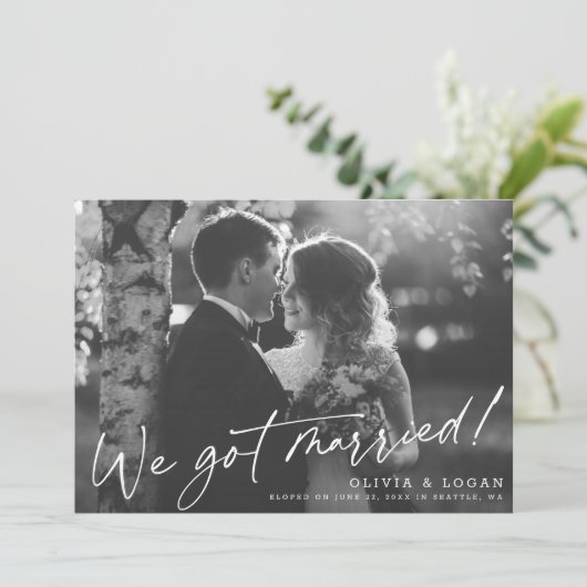 We Got Married! Script Wedding Photo Elopement Kaart (Staand voorkant)