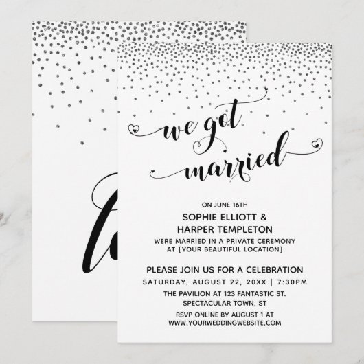 We Got Married Script Zilveren Confetti Ontvangst Kaart (Voorkant / Achterkant)