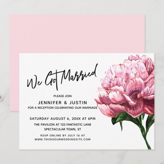 We Got Married Typografie, Roze Aquarel Pioen Kaart (Voorkant / Achterkant)