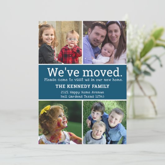 We hebben 4 foto collage blauw en wit verhuisd aankondiging (Staand voorkant)