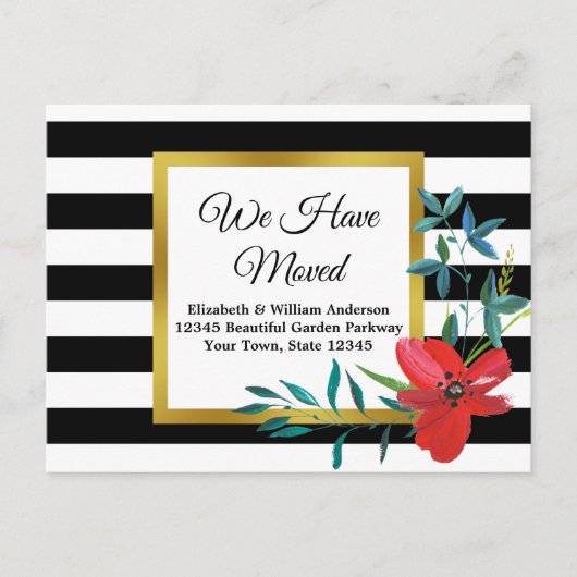 We hebben Bewegd Zwart en Witte Striped Red Flower Briefkaart (Voorkant)