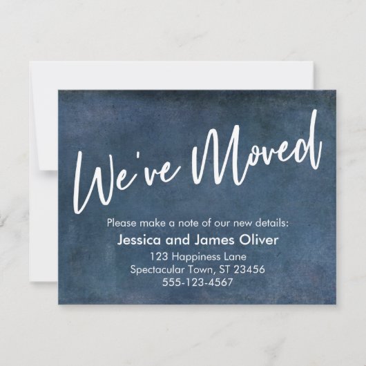 "We hebben bewogen" Typografie Grunge Navy Aankond Kaart (Voorkant)