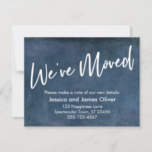 "We hebben bewogen" Typografie Grunge Navy Aankond Kaart