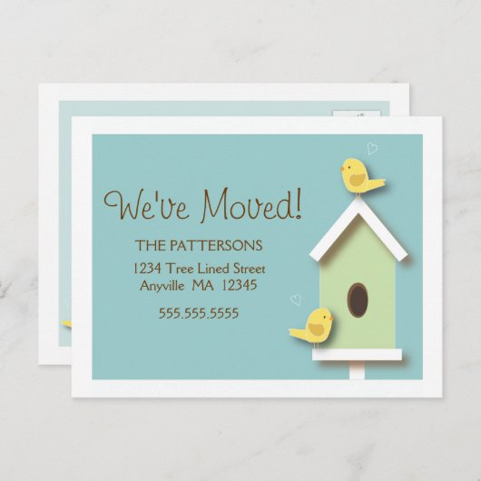 We hebben Birdhouse New Address Briefkaart verplaa (Voorkant / Achterkant)