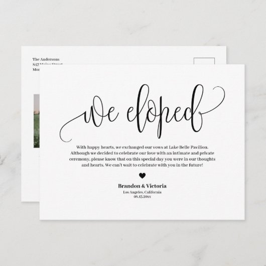 We hebben |  Black Script Wedding Elopement Aankondigingskaart (Voorkant / Achterkant)