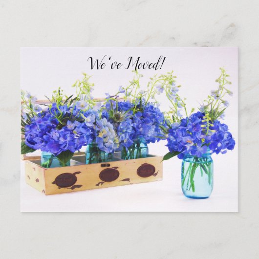 We hebben Blauwe Hortensia's in Mason Jars Ansicht Aankondigingskaart (Voorkant)