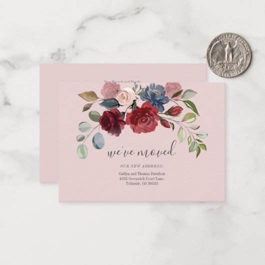 We hebben Burgundy Floral Moving Announcement verp Notitiekaartje (Voorkant / Achterkant in situ)