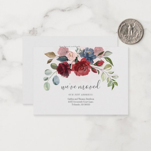 We hebben Burgundy Floral Moving Announcement verp Notitiekaartje (Voorkant / Achterkant in situ)