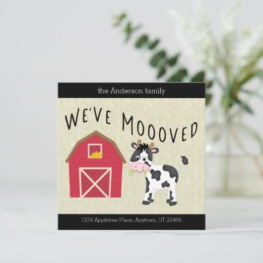 We hebben Cute Barnyard Koe New Address Notice (Staand voorkant)