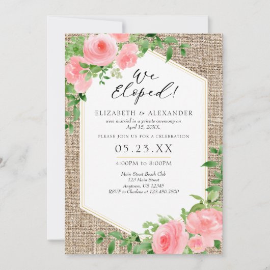We hebben de Burlap Pink Floral Weddenschap Elopem Kaart (Voorkant)