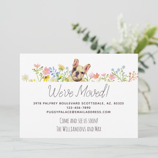 We hebben de Franse Bulldog Floral Moving Aankondiging (Staand voorkant)