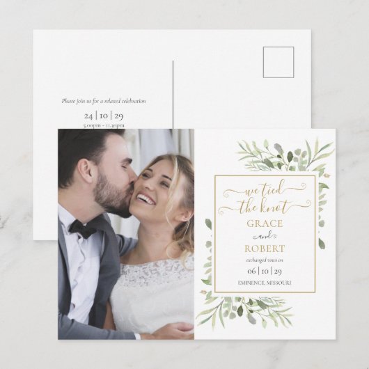 We hebben de knoop script groen foto bruiloft gebo aankondigingskaart (Voorkant / Achterkant)
