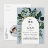 We hebben de knoop vastgebonden, Dusty Blue botani Aankondigingskaart (Voorkant / Achterkant)