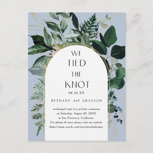We hebben de knoop vastgebonden, Dusty Blue botani Aankondigingskaart (Voorkant)