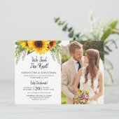 We hebben de knoop zonnebloemen foto bruiloft gebo kaart (Staand voorkant)