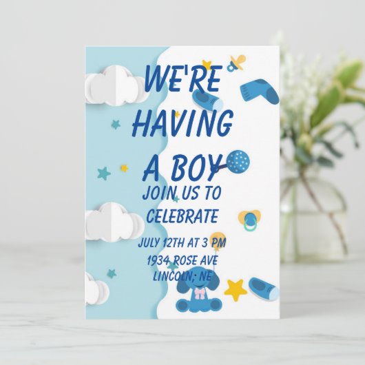 We hebben een Baby shower van de Jongen Uitnodigin Kaart (Staand voorkant)