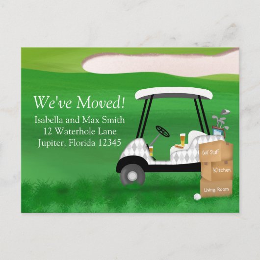 We hebben een golfkar verplaatst met verhuisdozen aankondigingskaart (Voorkant)